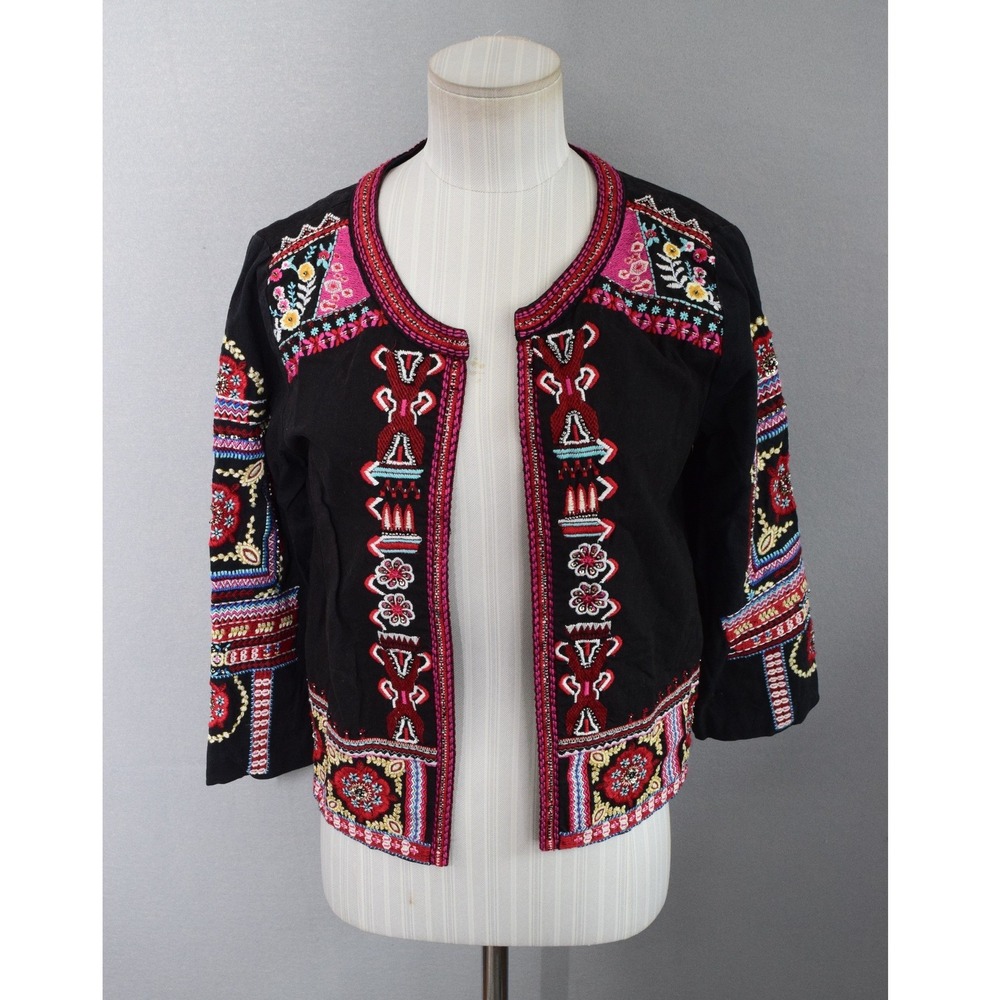 Anthropologie Embroidered Beaded Bolero Jacket XS Black Boho Folk Cropped Womens